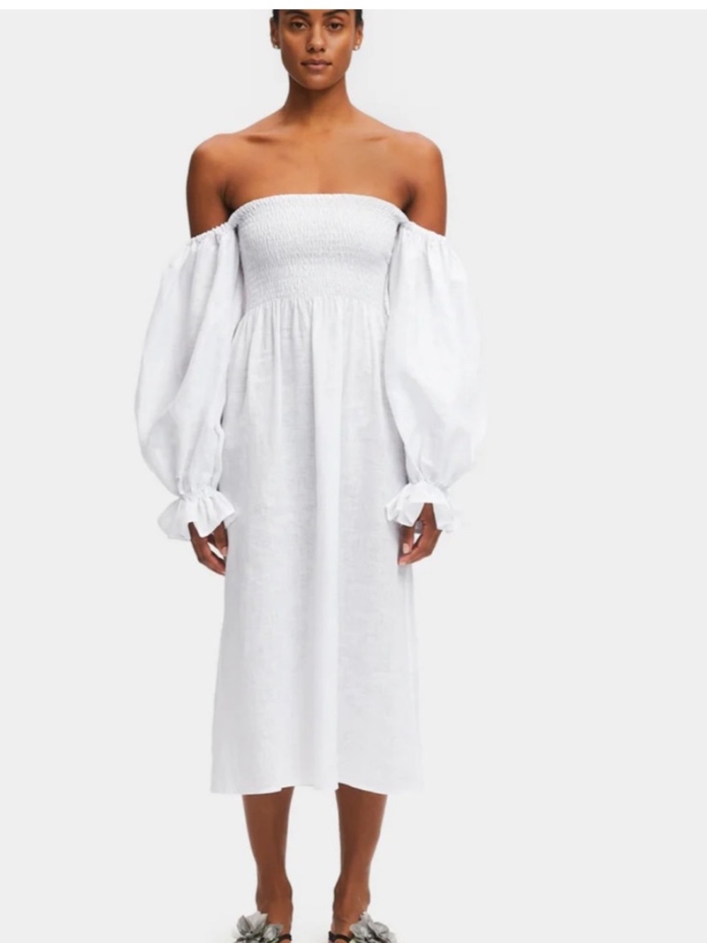 NWT $398 SLEEPER size XS Atlanta Off Shoulder Linen Midi Dress White Linen